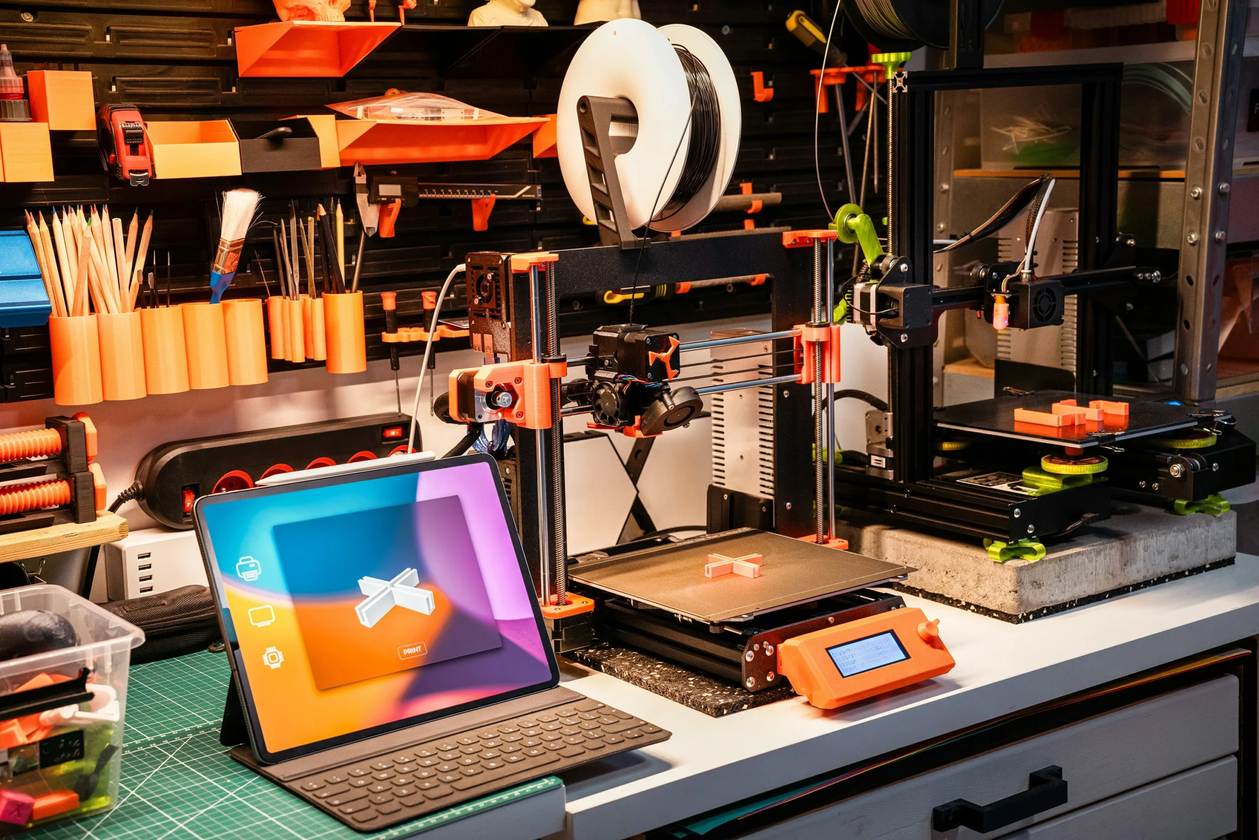Oficina de fabricação digital com impressoras 3D e iPad exibindo modelo tridimensional, ilustrando a dúvida sobre qual a melhor impressora 3d para projetos e prototipagem.